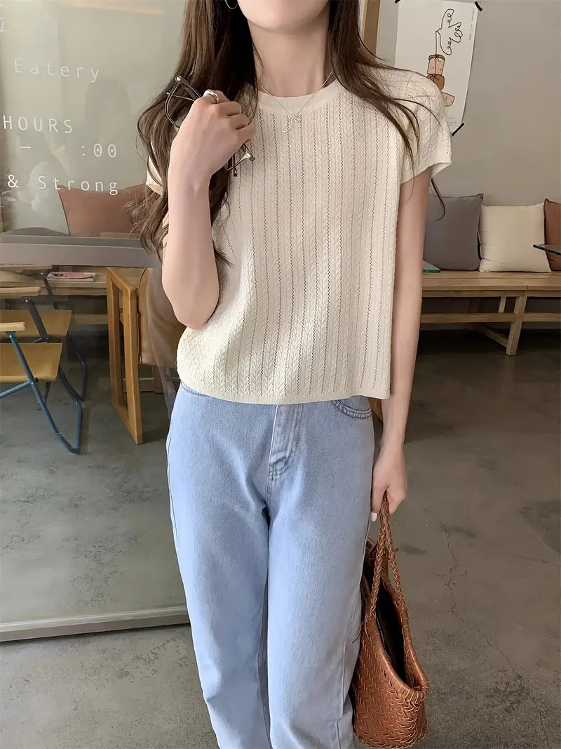 2025 Korean Spring and Summer Twist Hollow Anti-Pilling Ice Slippy Fiber Fabric Elegant Fashionable Premium Slim Fit Round Neck Short Sleeve Women's T-Shirt Knitwear