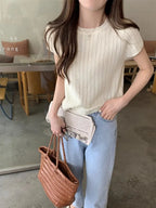 2025 Korean Spring and Summer Twist Hollow Anti-Pilling Ice Slippy Fiber Fabric Elegant Fashionable Premium Slim Fit Round Neck Short Sleeve Women's T-Shirt Knitwear