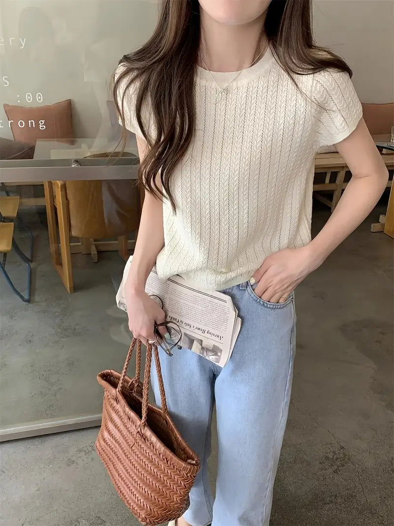2025 Korean Spring and Summer Twist Hollow Anti-Pilling Ice Slippy Fiber Fabric Elegant Fashionable Premium Slim Fit Round Neck Short Sleeve Women's T-Shirt Knitwear
