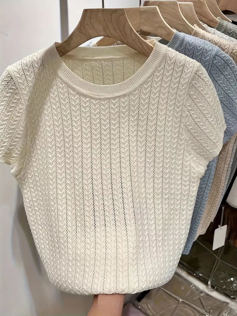 2025 Korean Spring and Summer Twist Hollow Anti-Pilling Ice Slippy Fiber Fabric Elegant Fashionable Premium Slim Fit Round Neck Short Sleeve Women's T-Shirt Knitwear