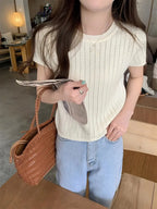 2025 Korean Spring and Summer Twist Hollow Anti-Pilling Ice Slippy Fiber Fabric Elegant Fashionable Premium Slim Fit Round Neck Short Sleeve Women's T-Shirt Knitwear
