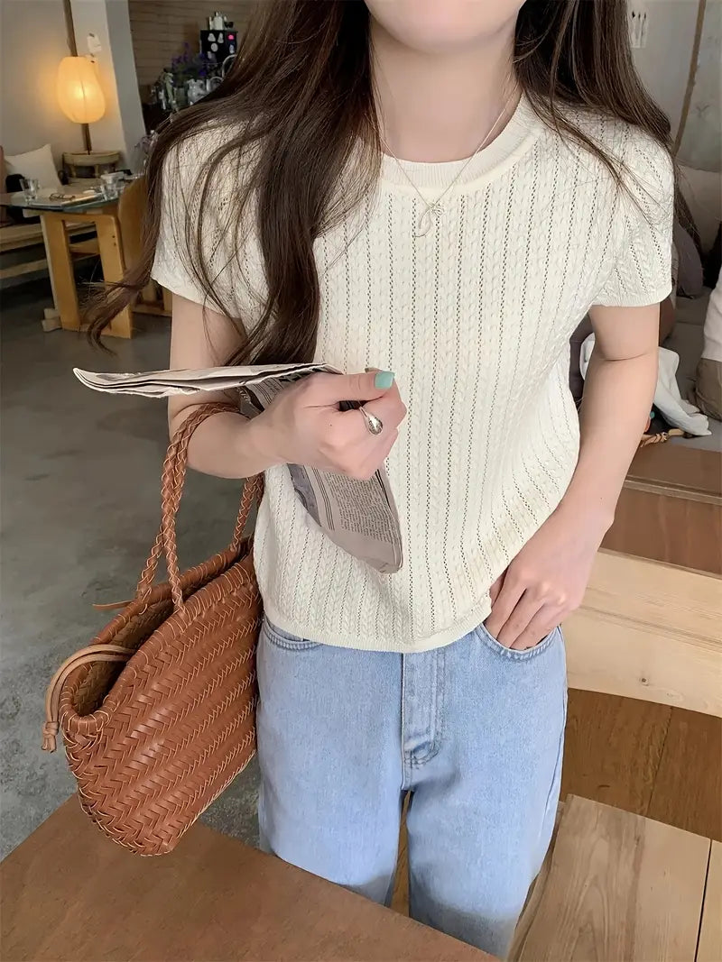 2025 Korean Spring and Summer Twist Hollow Anti-Pilling Ice Slippy Fiber Fabric Elegant Fashionable Premium Slim Fit Round Neck Short Sleeve Women's T-Shirt Knitwear