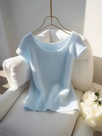 Women'S Light Blue Crop Top - Casual Short Sleeve, Round Neck, Ribbed Texture, Perfect for Spring & Summer, All-Season Versatile Pullover, Spring Fashion Top | Round Neck Top | Construction