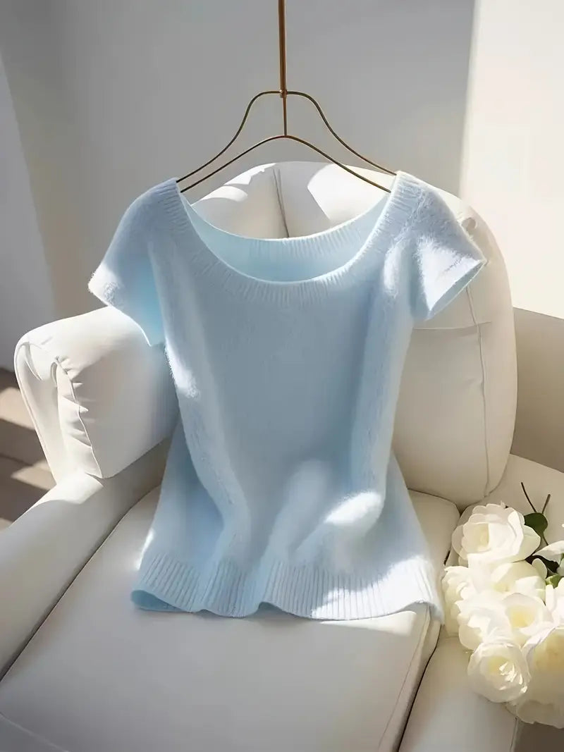Women'S Light Blue Crop Top - Casual Short Sleeve, Round Neck, Ribbed Texture, Perfect for Spring & Summer, All-Season Versatile Pullover, Spring Fashion Top | Round Neck Top | Construction