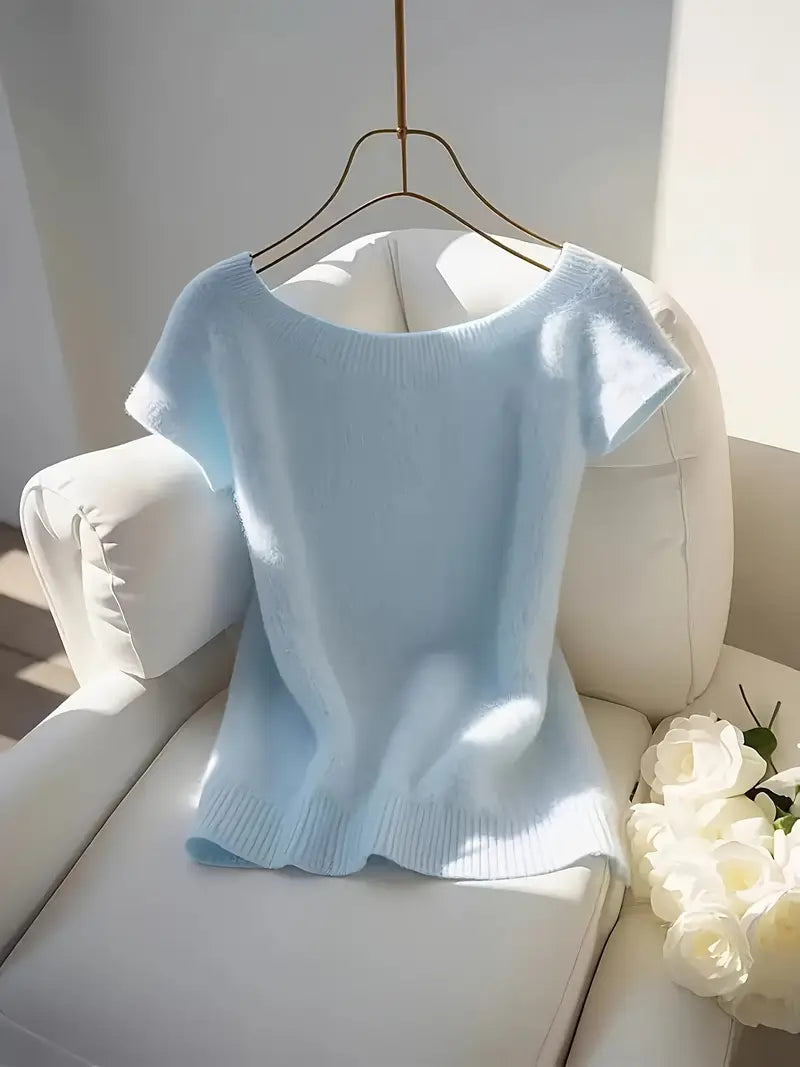 Women'S Light Blue Crop Top - Casual Short Sleeve, Round Neck, Ribbed Texture, Perfect for Spring & Summer, All-Season Versatile Pullover, Spring Fashion Top | Round Neck Top | Construction