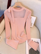 Women's French Elegant Asymmetrical Bell Sleeve Blouse with Ruffled Neckline & Tie-Front Closure - Soft Pink Long Sleeve Top, Round Neck Winter Fall Winter Blouse for Casual to Formal Events