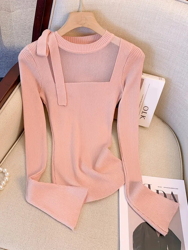 Women's French Elegant Asymmetrical Bell Sleeve Blouse with Ruffled Neckline & Tie-Front Closure - Soft Pink Long Sleeve Top, Round Neck Winter Fall Winter Blouse for Casual to Formal Events