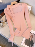 Women's French Elegant Asymmetrical Bell Sleeve Blouse with Ruffled Neckline & Tie-Front Closure - Soft Pink Long Sleeve Top, Round Neck Winter Fall Winter Blouse for Casual to Formal Events