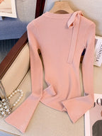 Women's French Elegant Asymmetrical Bell Sleeve Blouse with Ruffled Neckline & Tie-Front Closure - Soft Pink Long Sleeve Top, Round Neck Winter Fall Winter Blouse for Casual to Formal Events
