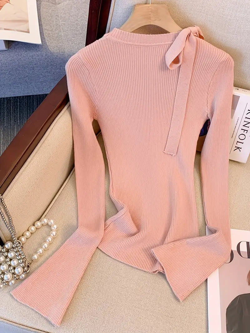 Women's French Elegant Asymmetrical Bell Sleeve Blouse with Ruffled Neckline & Tie-Front Closure - Soft Pink Long Sleeve Top, Round Neck Winter Fall Winter Blouse for Casual to Formal Events