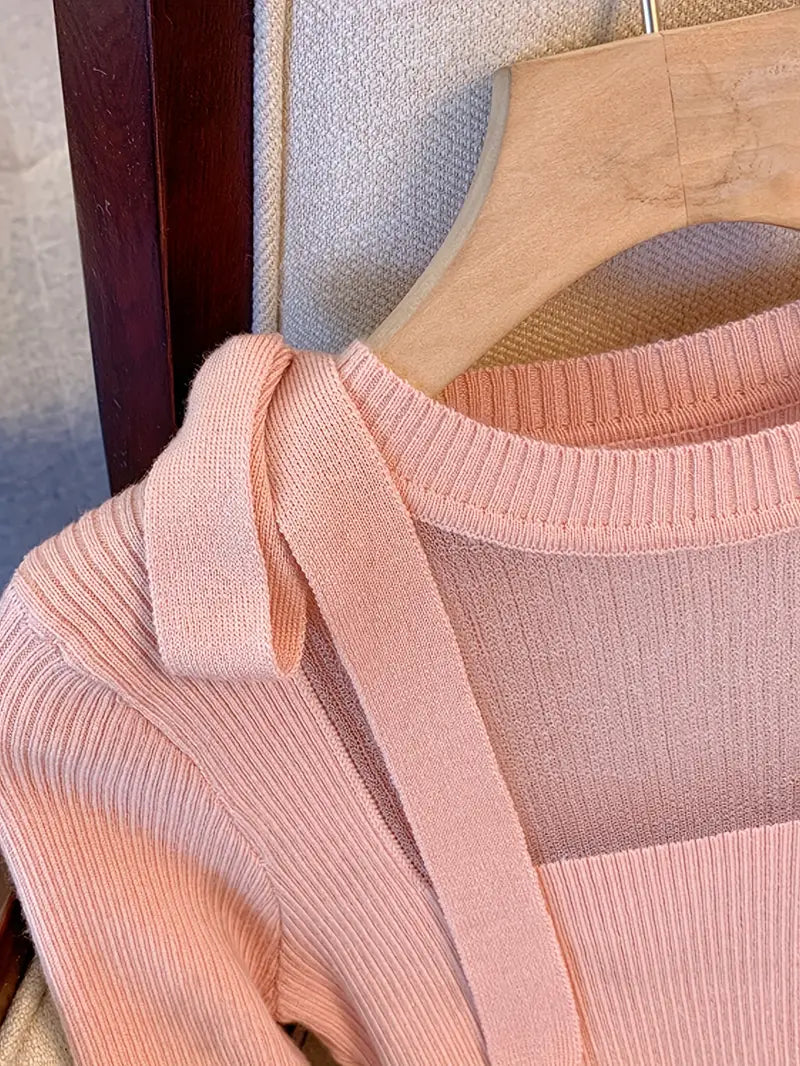 Women's French Elegant Asymmetrical Bell Sleeve Blouse with Ruffled Neckline & Tie-Front Closure - Soft Pink Long Sleeve Top, Round Neck Winter Fall Winter Blouse for Casual to Formal Events