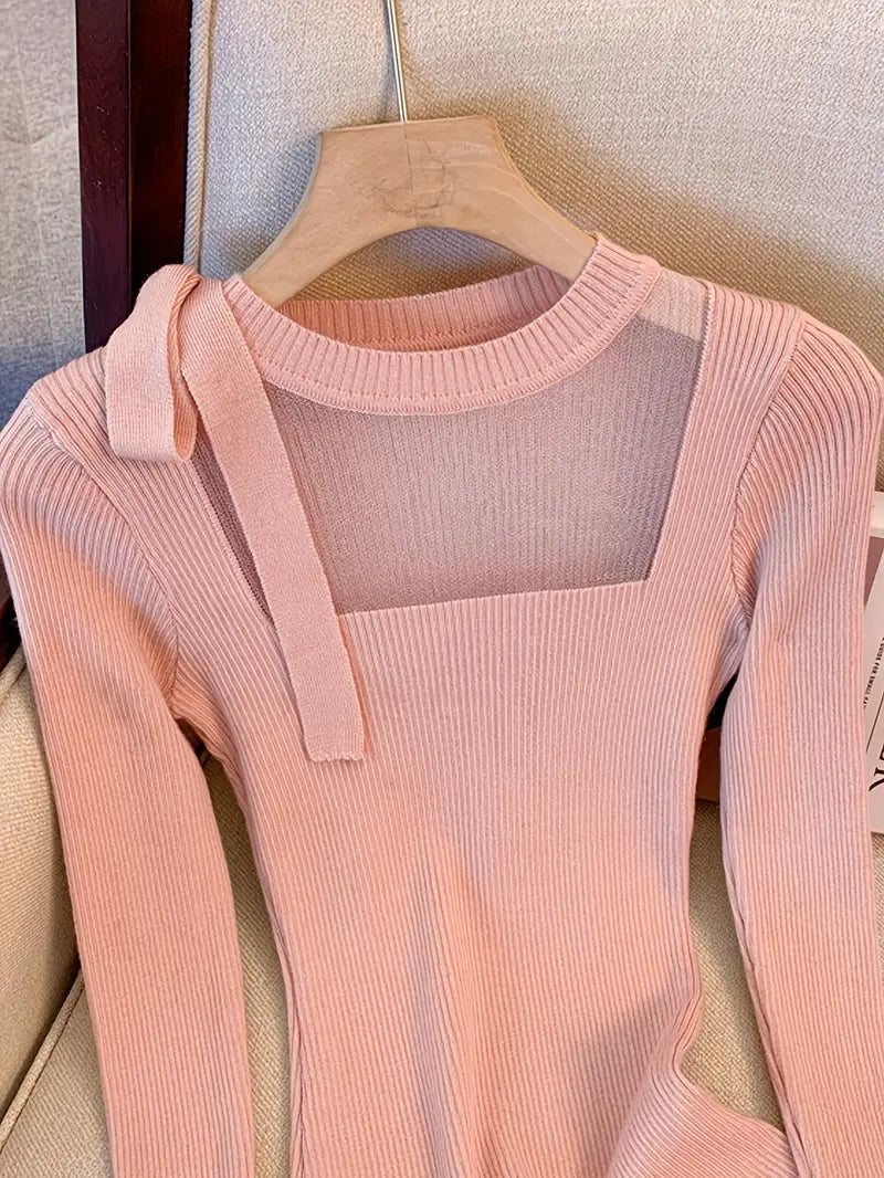 Women's French Elegant Asymmetrical Bell Sleeve Blouse with Ruffled Neckline & Tie-Front Closure - Soft Pink Long Sleeve Top, Round Neck Winter Fall Winter Blouse for Casual to Formal Events