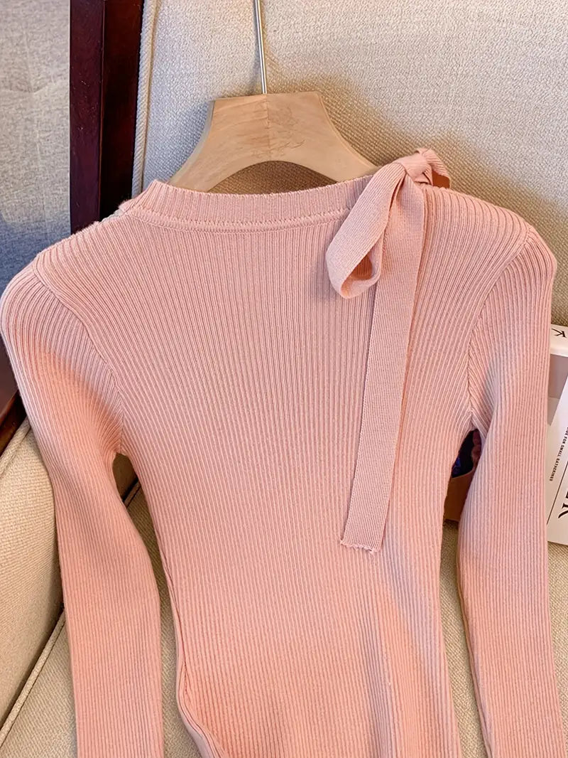 Women's French Elegant Asymmetrical Bell Sleeve Blouse with Ruffled Neckline & Tie-Front Closure - Soft Pink Long Sleeve Top, Round Neck Winter Fall Winter Blouse for Casual to Formal Events