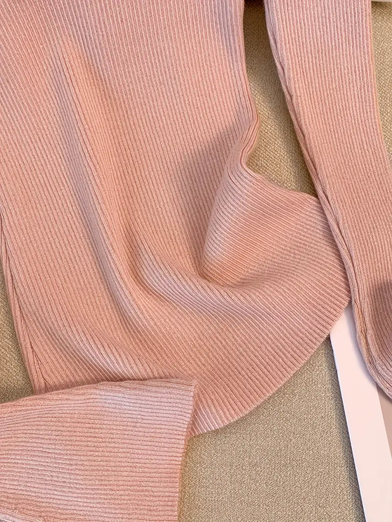 Women's French Elegant Asymmetrical Bell Sleeve Blouse with Ruffled Neckline & Tie-Front Closure - Soft Pink Long Sleeve Top, Round Neck Winter Fall Winter Blouse for Casual to Formal Events