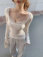 2025 Autumn/Winter Seductive Low-Cut U-Neck Top for Women - French Style Hollow-Out Base Layer and Outerwear with Elegant Design