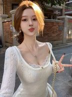 2025 Autumn/Winter Seductive Low-Cut U-Neck Top for Women - French Style Hollow-Out Base Layer and Outerwear with Elegant Design