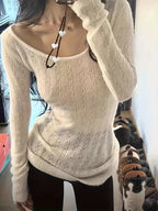 2025 Autumn/Winter Seductive Low-Cut U-Neck Top for Women - French Style Hollow-Out Base Layer and Outerwear with Elegant Design