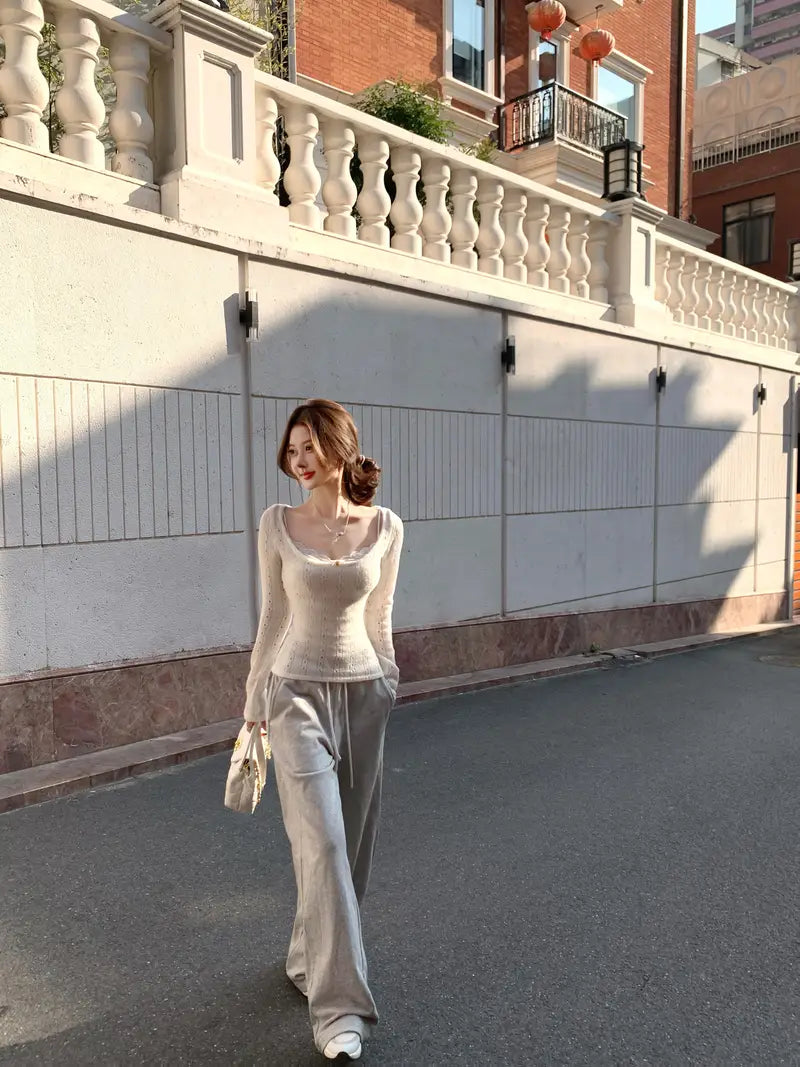 2025 Autumn/Winter Seductive Low-Cut U-Neck Top for Women - French Style Hollow-Out Base Layer and Outerwear with Elegant Design