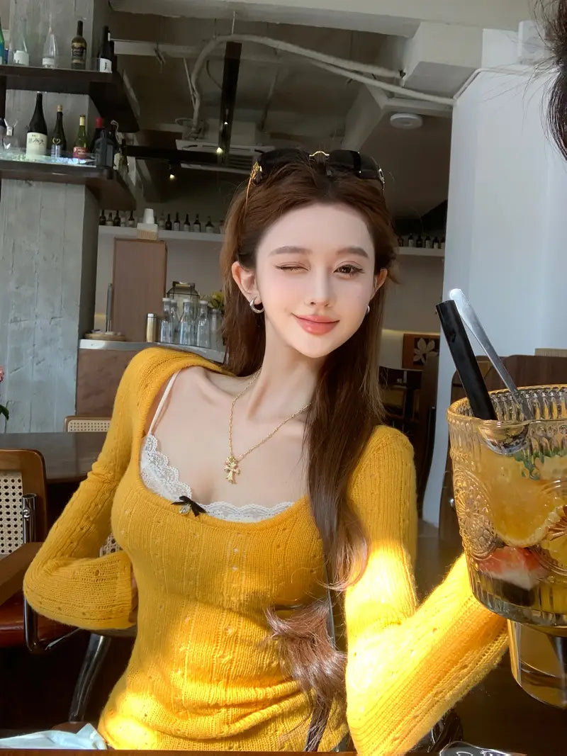 2025 Autumn/Winter Seductive Low-Cut U-Neck Top for Women - French Style Hollow-Out Base Layer and Outerwear with Elegant Design