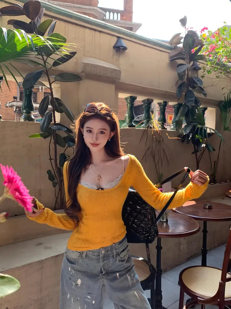 2025 Autumn/Winter Seductive Low-Cut U-Neck Top for Women - French Style Hollow-Out Base Layer and Outerwear with Elegant Design