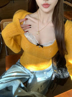 2025 Autumn/Winter Seductive Low-Cut U-Neck Top for Women - French Style Hollow-Out Base Layer and Outerwear with Elegant Design