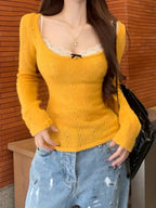 2025 Autumn/Winter Seductive Low-Cut U-Neck Top for Women - French Style Hollow-Out Base Layer and Outerwear with Elegant Design