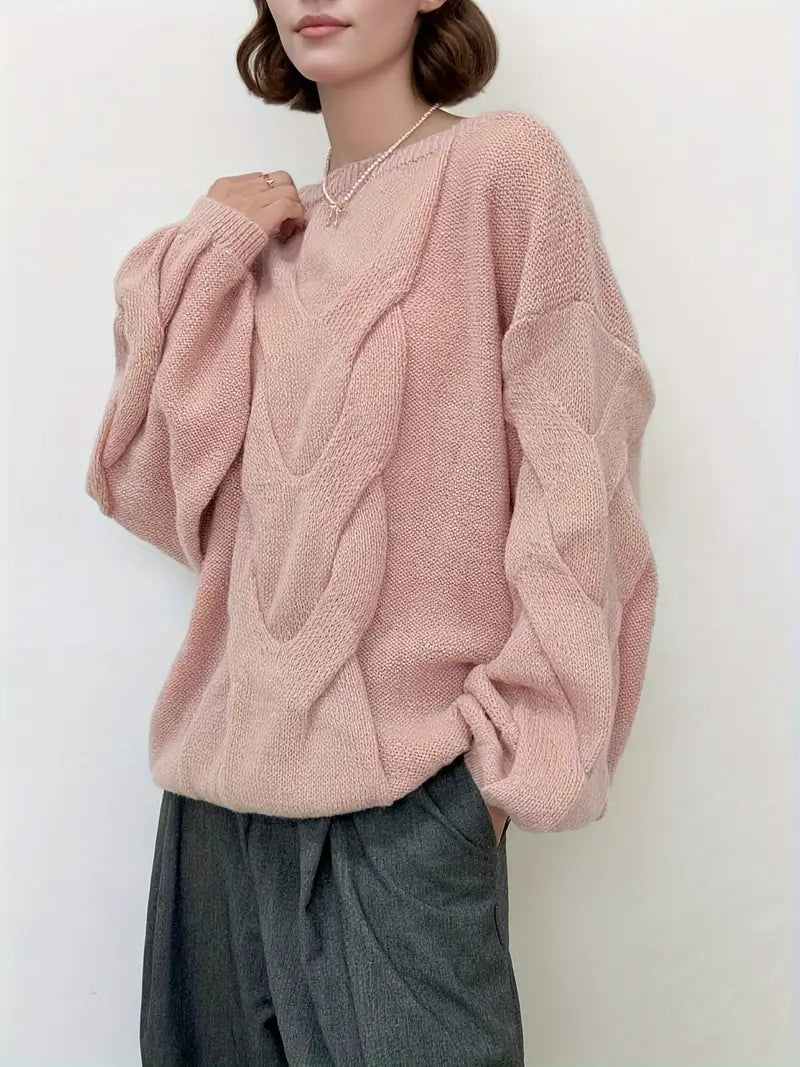 Women'S Off-Shoulder Cable Sweater - Soft Pink, Long Sleeve, Ribbed Texture, Casual Fall/Winter Pullover with Button Detail, Casual Winter Wear | Offshoulder Design | Construction