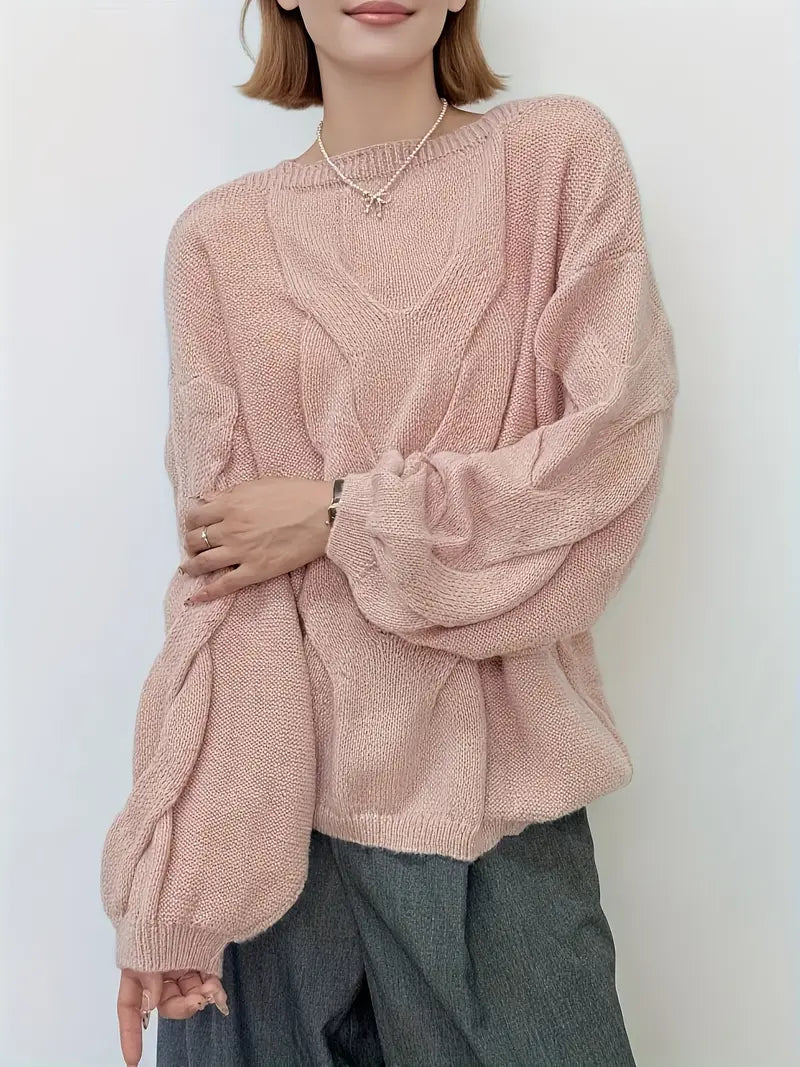 Women'S Off-Shoulder Cable Sweater - Soft Pink, Long Sleeve, Ribbed Texture, Casual Fall/Winter Pullover with Button Detail, Casual Winter Wear | Offshoulder Design | Construction