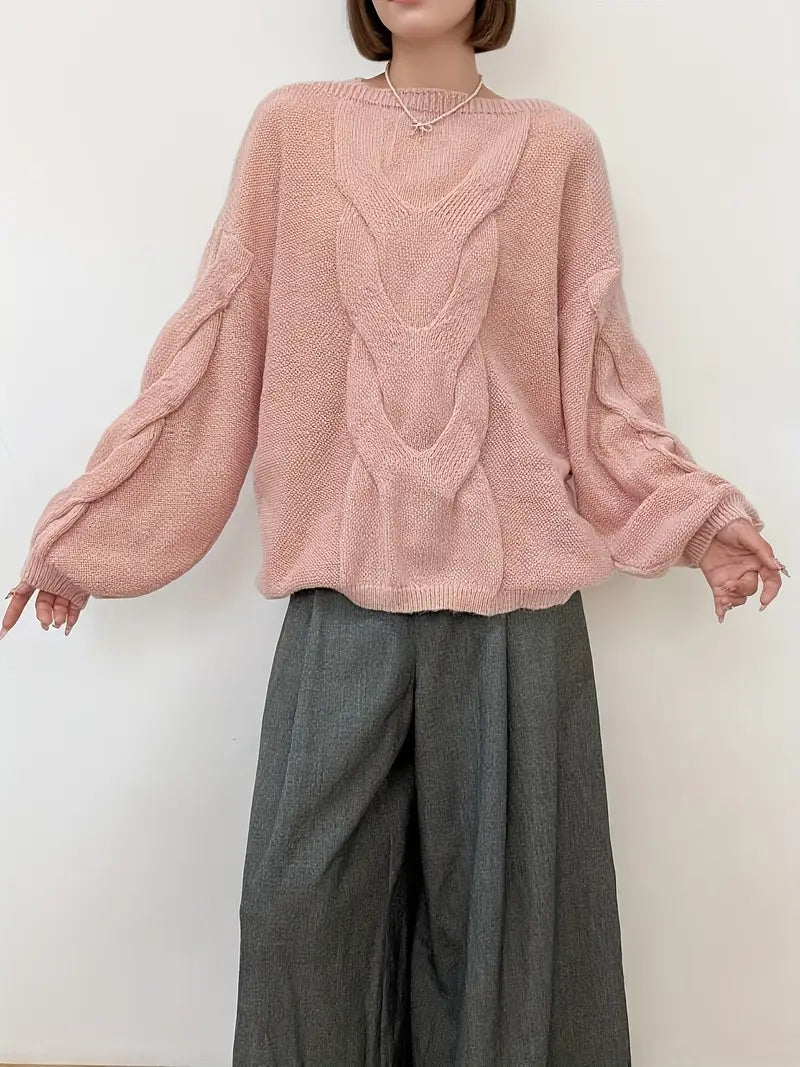 Women'S Off-Shoulder Cable Sweater - Soft Pink, Long Sleeve, Ribbed Texture, Casual Fall/Winter Pullover with Button Detail, Casual Winter Wear | Offshoulder Design | Construction
