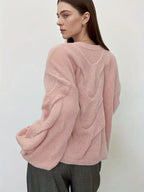 Women'S Off-Shoulder Cable Sweater - Soft Pink, Long Sleeve, Ribbed Texture, Casual Fall/Winter Pullover with Button Detail, Casual Winter Wear | Offshoulder Design | Construction
