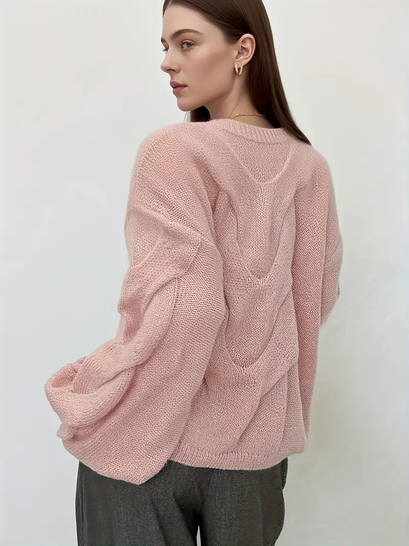 Women'S Off-Shoulder Cable Sweater - Soft Pink, Long Sleeve, Ribbed Texture, Casual Fall/Winter Pullover with Button Detail, Casual Winter Wear | Offshoulder Design | Construction