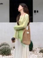 New Women'S Long-Sleeve T-Shirt with a Green Gradient, Fitted Design, And Flared Sleeves, Perfect for Dopamine Dressing in Knitwear.