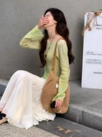 New Women'S Long-Sleeve T-Shirt with a Green Gradient, Fitted Design, And Flared Sleeves, Perfect for Dopamine Dressing in Knitwear.