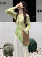 New Women'S Long-Sleeve T-Shirt with a Green Gradient, Fitted Design, And Flared Sleeves, Perfect for Dopamine Dressing in Knitwear.