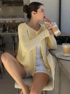 Women's Elegant Open Front Cardigan Sweater - Beige Sweater for Fall/Winter, Non-Transparent Layering Piece for Office, Parties