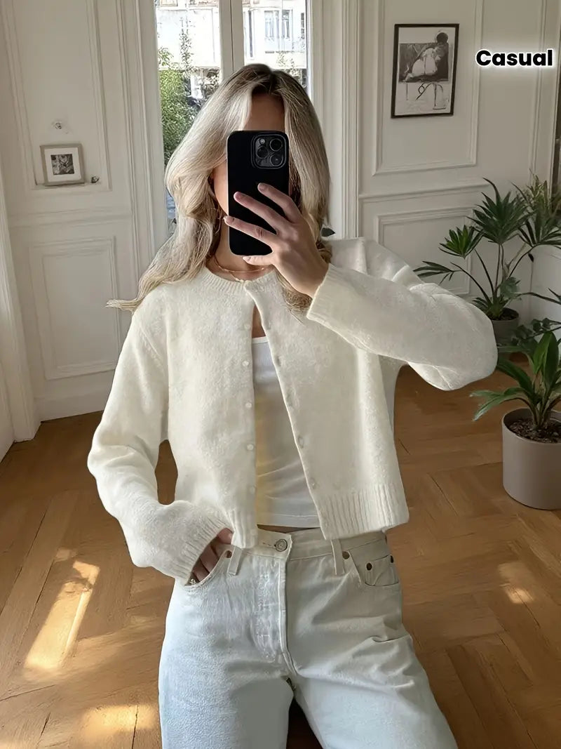 Women'S Chic Beige Knit Cardigan with Button Detail - Casual Long Sleeve Crew Neck Sweater for Spring/Summer/Fall, Casual Attire|Chic Knit Cardigan|Long Sleeve Sweater