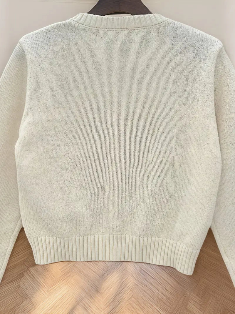 Women'S Chic Beige Knit Cardigan with Button Detail - Casual Long Sleeve Crew Neck Sweater for Spring/Summer/Fall, Casual Attire|Chic Knit Cardigan|Long Sleeve Sweater