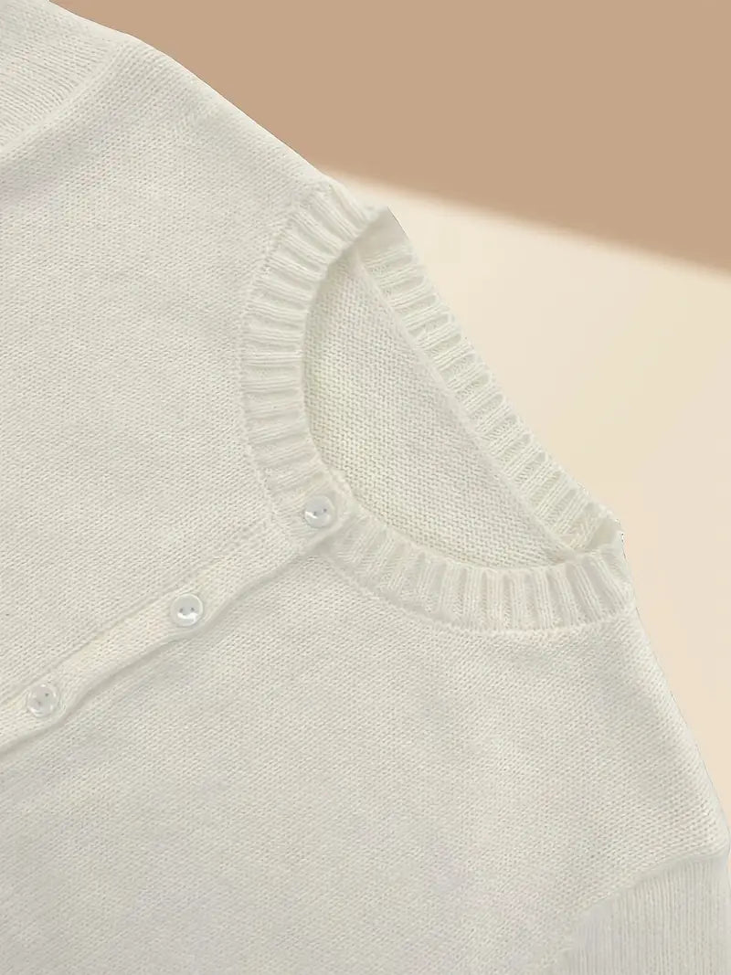 Women'S Chic Beige Knit Cardigan with Button Detail - Casual Long Sleeve Crew Neck Sweater for Spring/Summer/Fall, Casual Attire|Chic Knit Cardigan|Long Sleeve Sweater