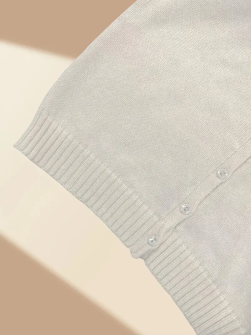 Women'S Chic Beige Knit Cardigan with Button Detail - Casual Long Sleeve Crew Neck Sweater for Spring/Summer/Fall, Casual Attire|Chic Knit Cardigan|Long Sleeve Sweater