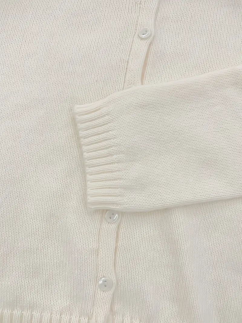 Women'S Chic Beige Knit Cardigan with Button Detail - Casual Long Sleeve Crew Neck Sweater for Spring/Summer/Fall, Casual Attire|Chic Knit Cardigan|Long Sleeve Sweater