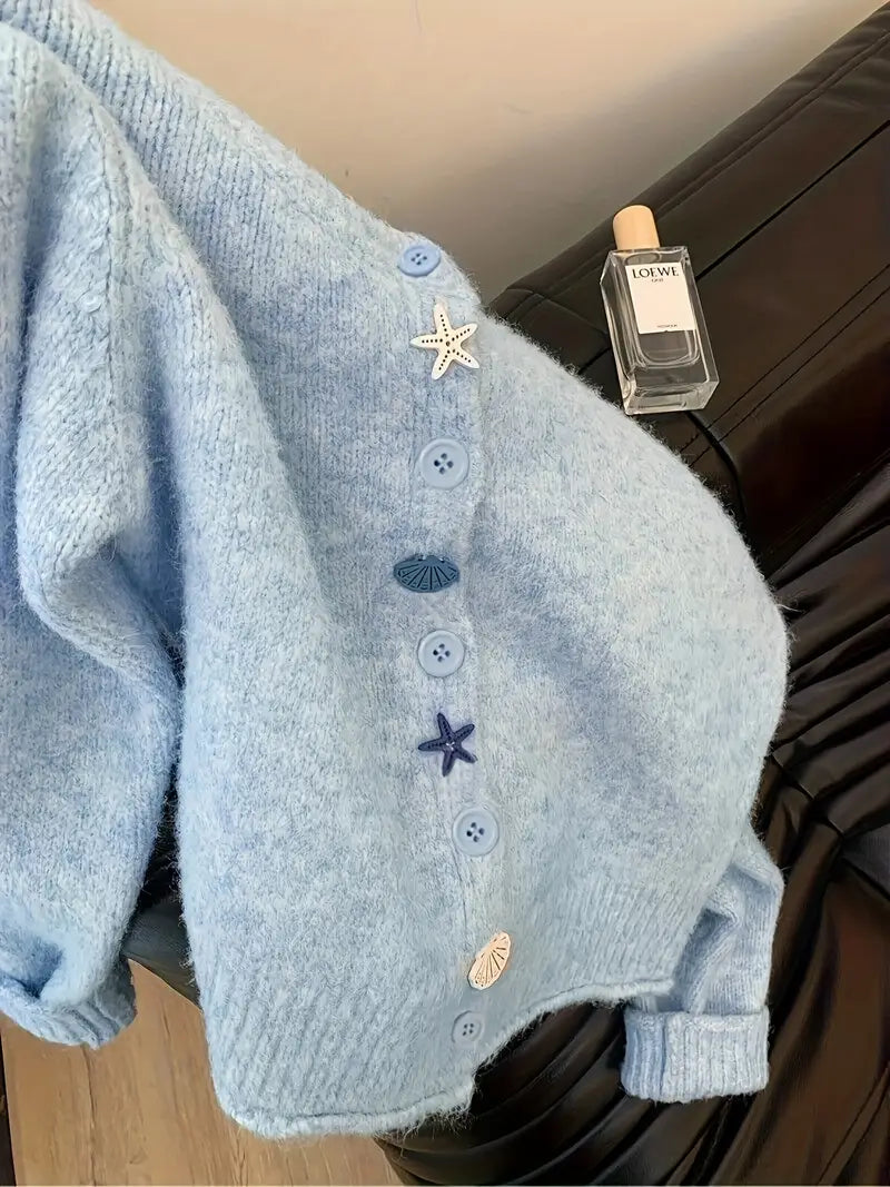 Korean Style White Button-Front Cardigan - Smock Dress-like Blazer-like Collar, Short Button Placket, Shell & Starfish Button Closure, Medium Stretch Round Neck Sweazer for Fall/Winter