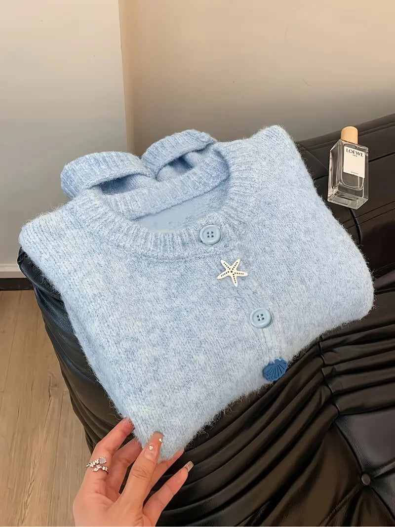 Korean Style White Button-Front Cardigan - Smock Dress-like Blazer-like Collar, Short Button Placket, Shell & Starfish Button Closure, Medium Stretch Round Neck Sweazer for Fall/Winter