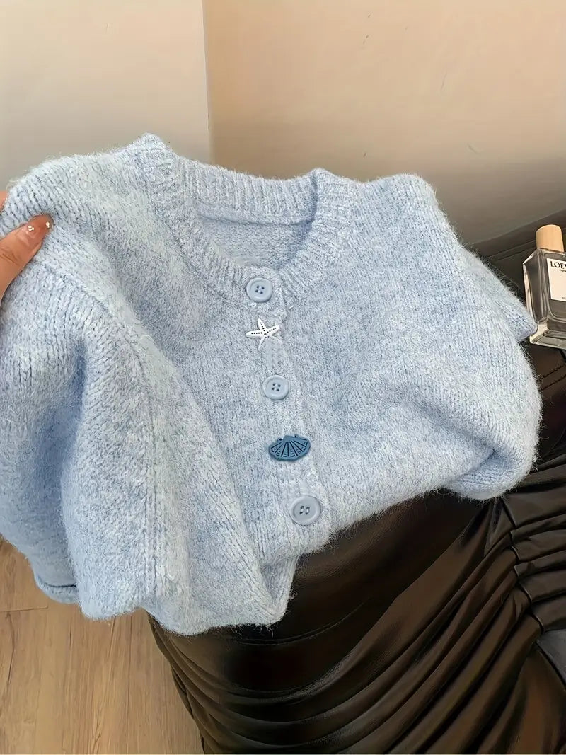 Korean Style White Button-Front Cardigan - Smock Dress-like Blazer-like Collar, Short Button Placket, Shell & Starfish Button Closure, Medium Stretch Round Neck Sweazer for Fall/Winter