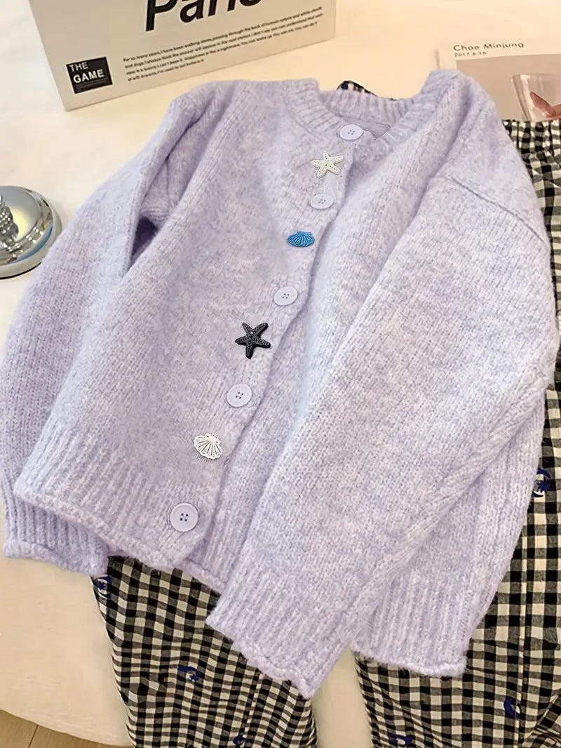 Korean Style White Button-Front Cardigan - Smock Dress-like Blazer-like Collar, Short Button Placket, Shell & Starfish Button Closure, Medium Stretch Round Neck Sweazer for Fall/Winter