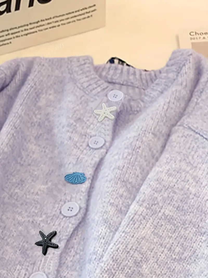 Korean Style White Button-Front Cardigan - Smock Dress-like Blazer-like Collar, Short Button Placket, Shell & Starfish Button Closure, Medium Stretch Round Neck Sweazer for Fall/Winter