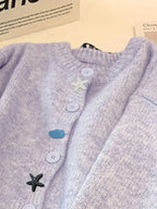 Korean Style White Button-Front Cardigan - Smock Dress-like Blazer-like Collar, Short Button Placket, Shell & Starfish Button Closure, Medium Stretch Round Neck Sweazer for Fall/Winter