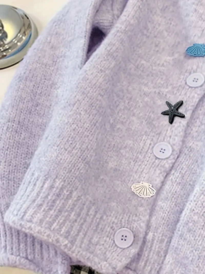 Korean Style White Button-Front Cardigan - Smock Dress-like Blazer-like Collar, Short Button Placket, Shell & Starfish Button Closure, Medium Stretch Round Neck Sweazer for Fall/Winter