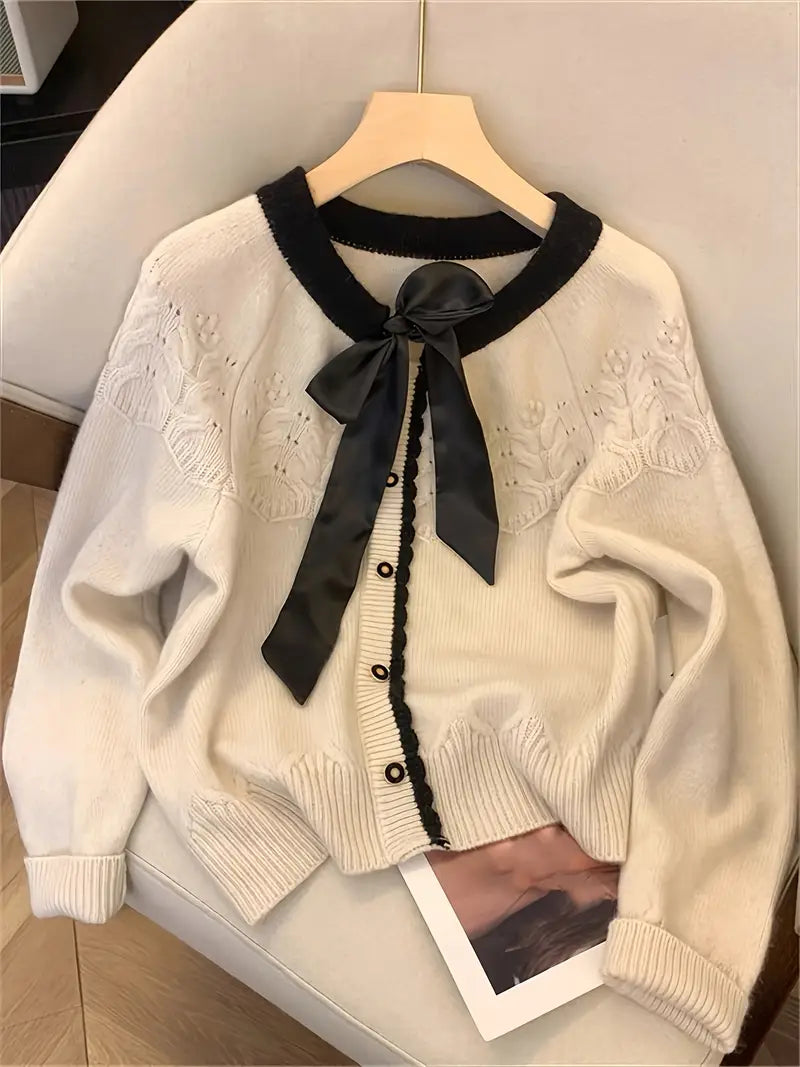 [Elegant Sweater] Elegant Color Block Long Sleeve Sweater | French-Style, Round Neck, Button Front, Ribbed Cuffs, Bow Tie Detail - Perfect for Spring/Summer/Fall/Winter Outings and Valentine's Day