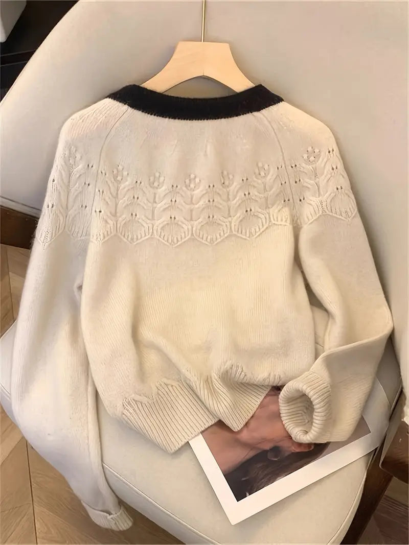 [Elegant Sweater] Elegant Color Block Long Sleeve Sweater | French-Style, Round Neck, Button Front, Ribbed Cuffs, Bow Tie Detail - Perfect for Spring/Summer/Fall/Winter Outings and Valentine's Day