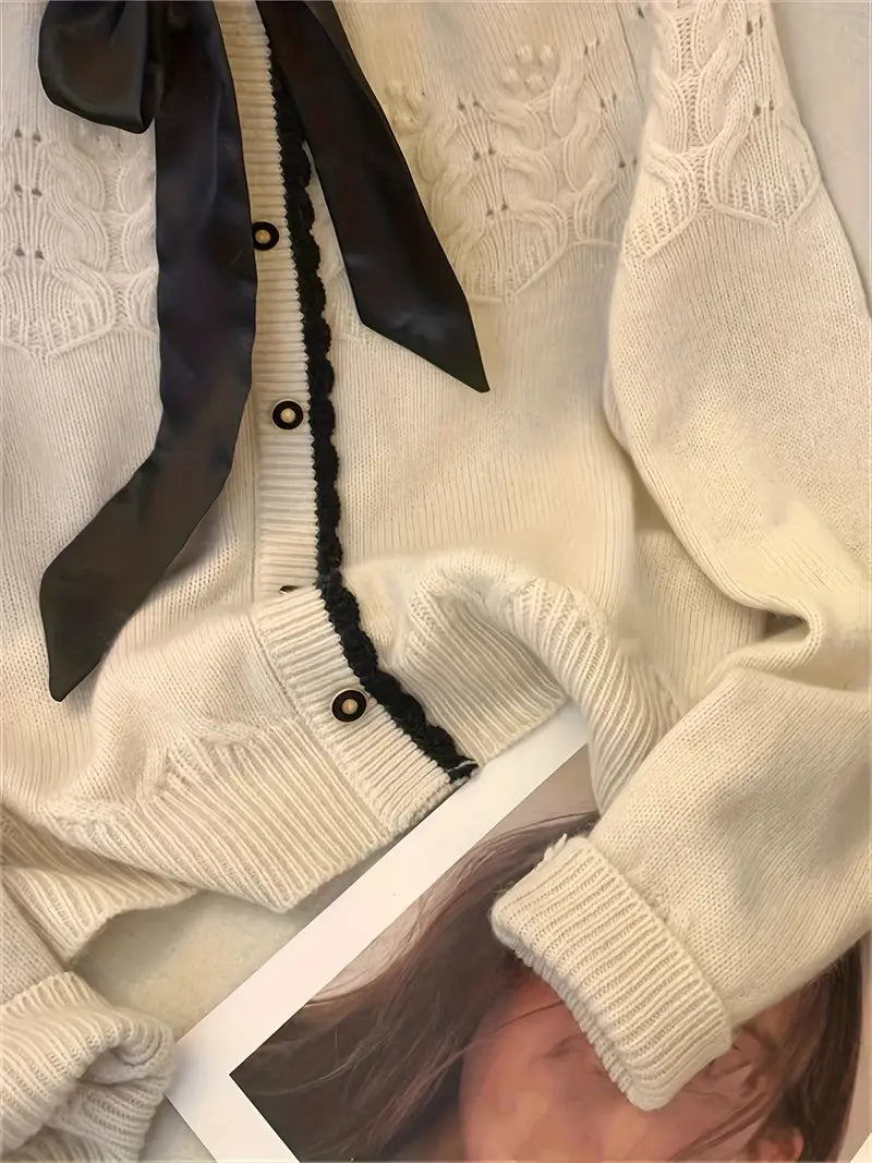 [Elegant Sweater] Elegant Color Block Long Sleeve Sweater | French-Style, Round Neck, Button Front, Ribbed Cuffs, Bow Tie Detail - Perfect for Spring/Summer/Fall/Winter Outings and Valentine's Day